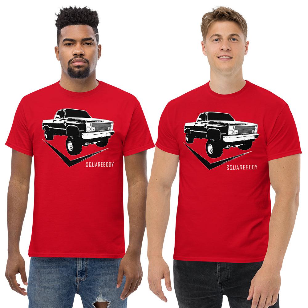 men modeling Square Body Truck T-Shirt in red