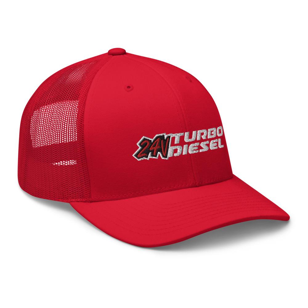 24 Valve 5.9 Diesel Hat Trucker Cap With Mesh Back front right view in red