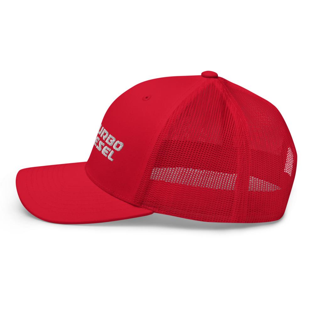 24 Valve 5.9 Diesel Hat Trucker Cap With Mesh Back left view in red