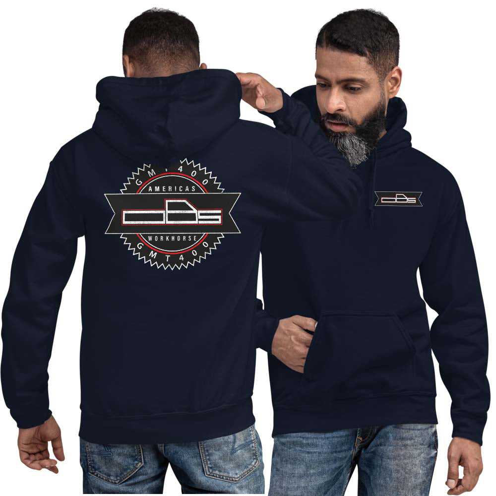 man modeling obs gmt400 hoodie from Aggressive Thread - navy