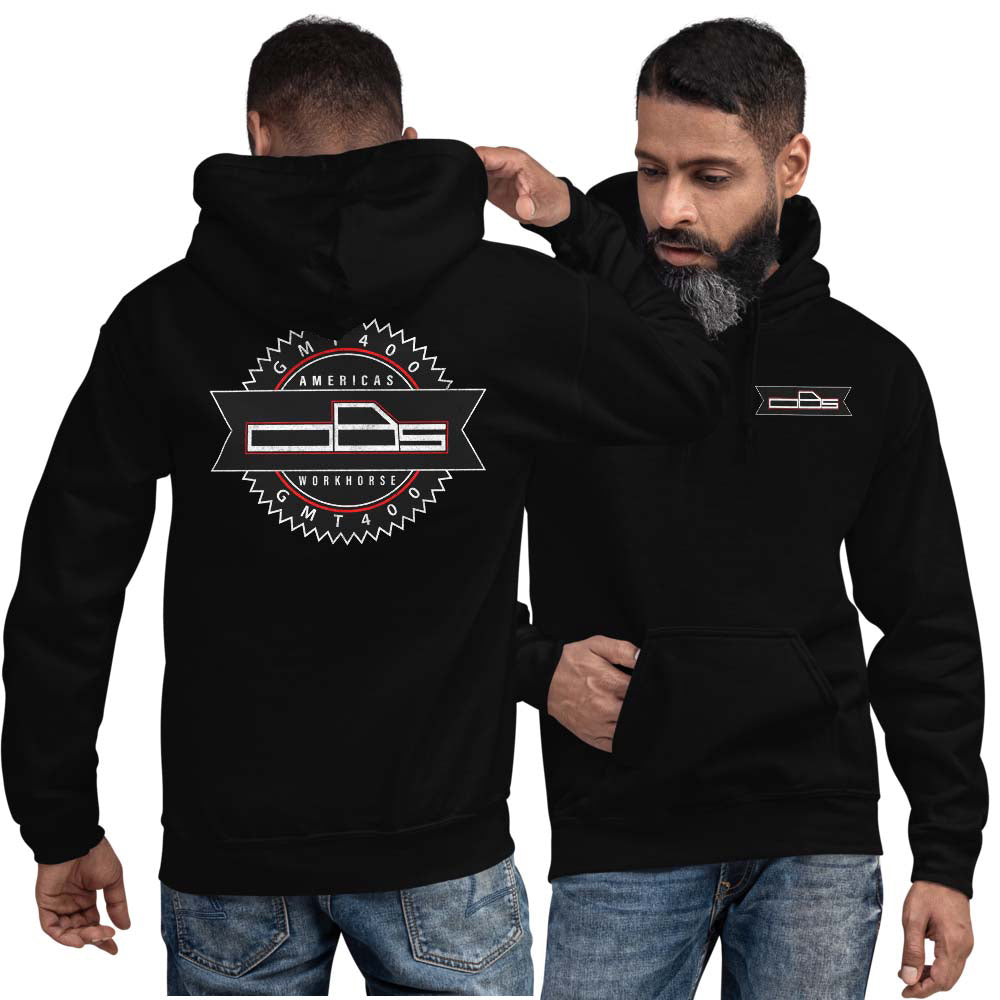 man modeling obs gmt400 hoodie from Aggressive Thread - black