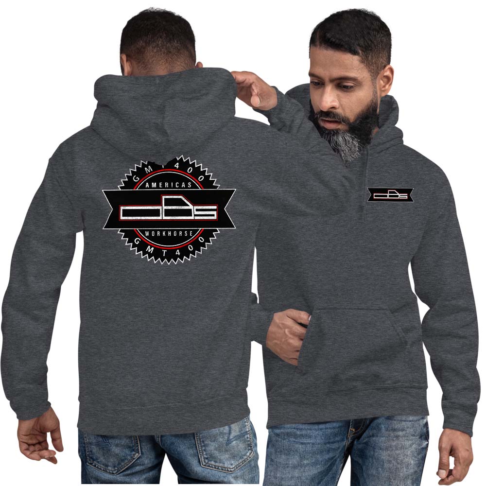 man modeling obs gmt400 hoodie from Aggressive Thread - dark heather