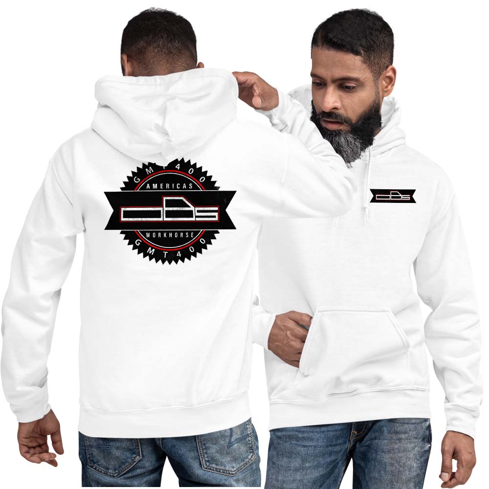 man modeling obs gmt400 hoodie from Aggressive Thread - white