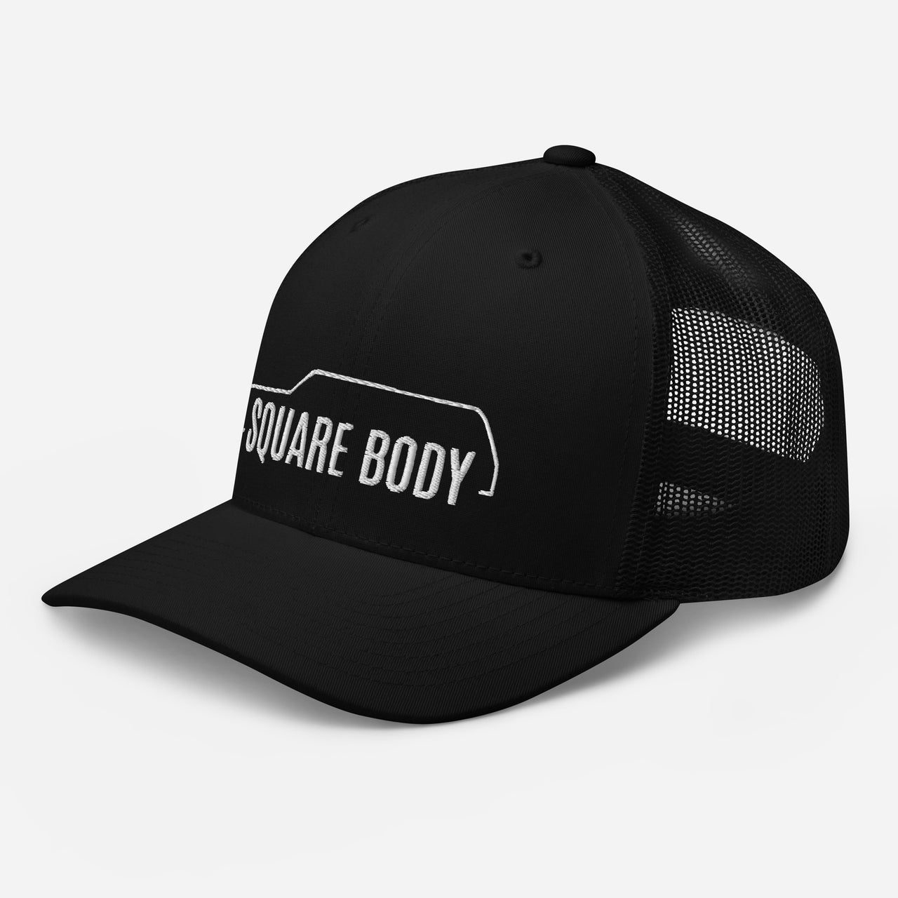 3/4 view of a square body suburban trucker hat from aggressive thread in black