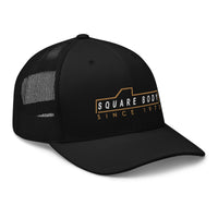 Thumbnail for 3/4 view right of square body trucker hat in black - Aggressive Thread Auto Apparel