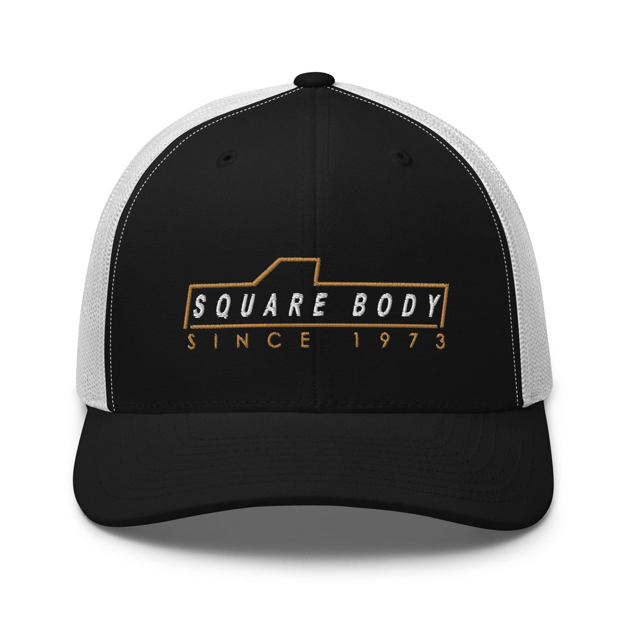 3/4 view of square body trucker hat in black and white - Aggressive Thread Auto Apparel