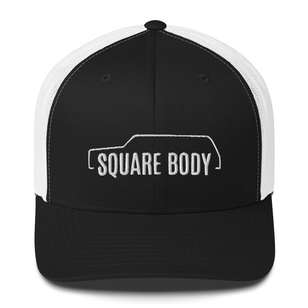 square body suburban trucker hat from aggressive thread in black and white