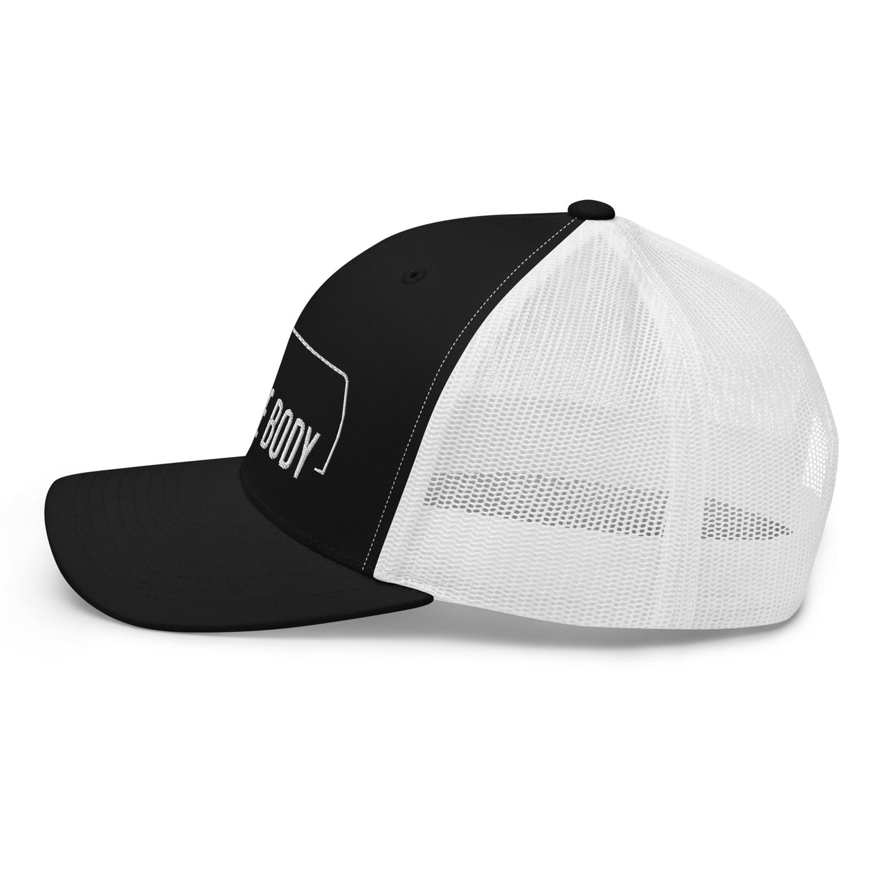 side view of a Square body K5 blazer trucker hat from aggressive thread in black and white