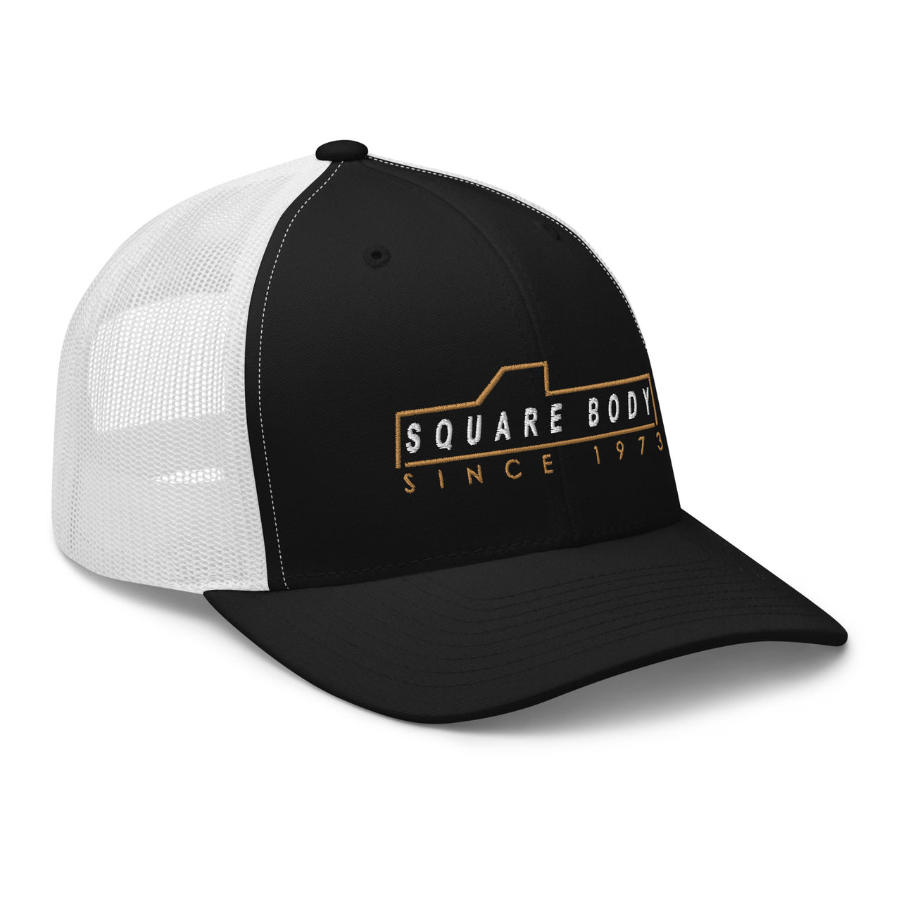 3/4 view right of square body trucker hat in black and white- Aggressive Thread Auto Apparel