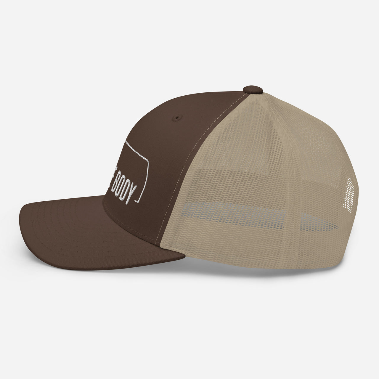 side view of a Square body K5 blazer trucker hat from aggressive thread in brown