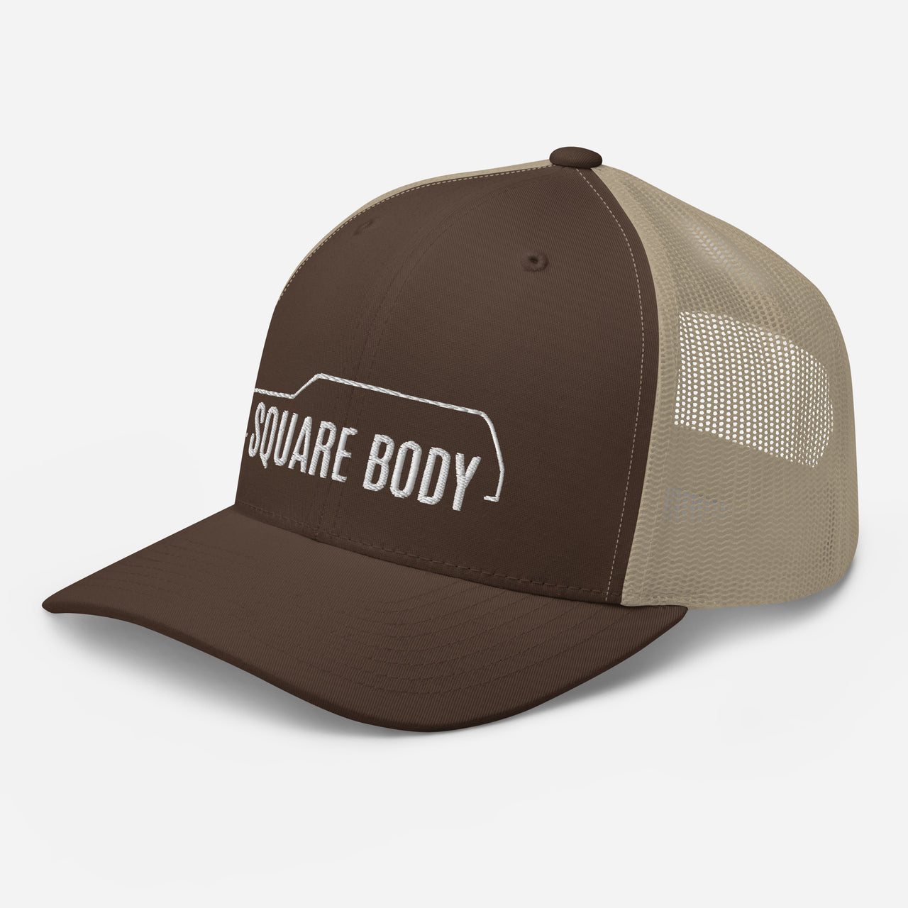 3/4 view of a square body suburban trucker hat from aggressive thread in brown
