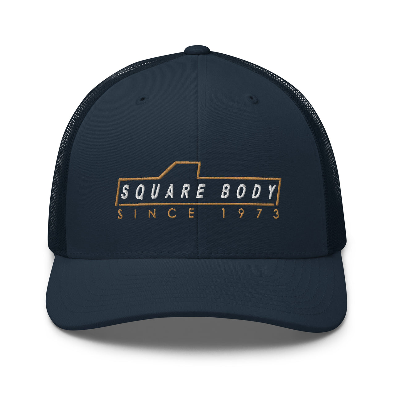 3/4 view of square body trucker hat in navy - Aggressive Thread Auto Apparel