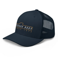 Thumbnail for 3/4 view of square body trucker hat in navy - Aggressive Thread Auto Apparel