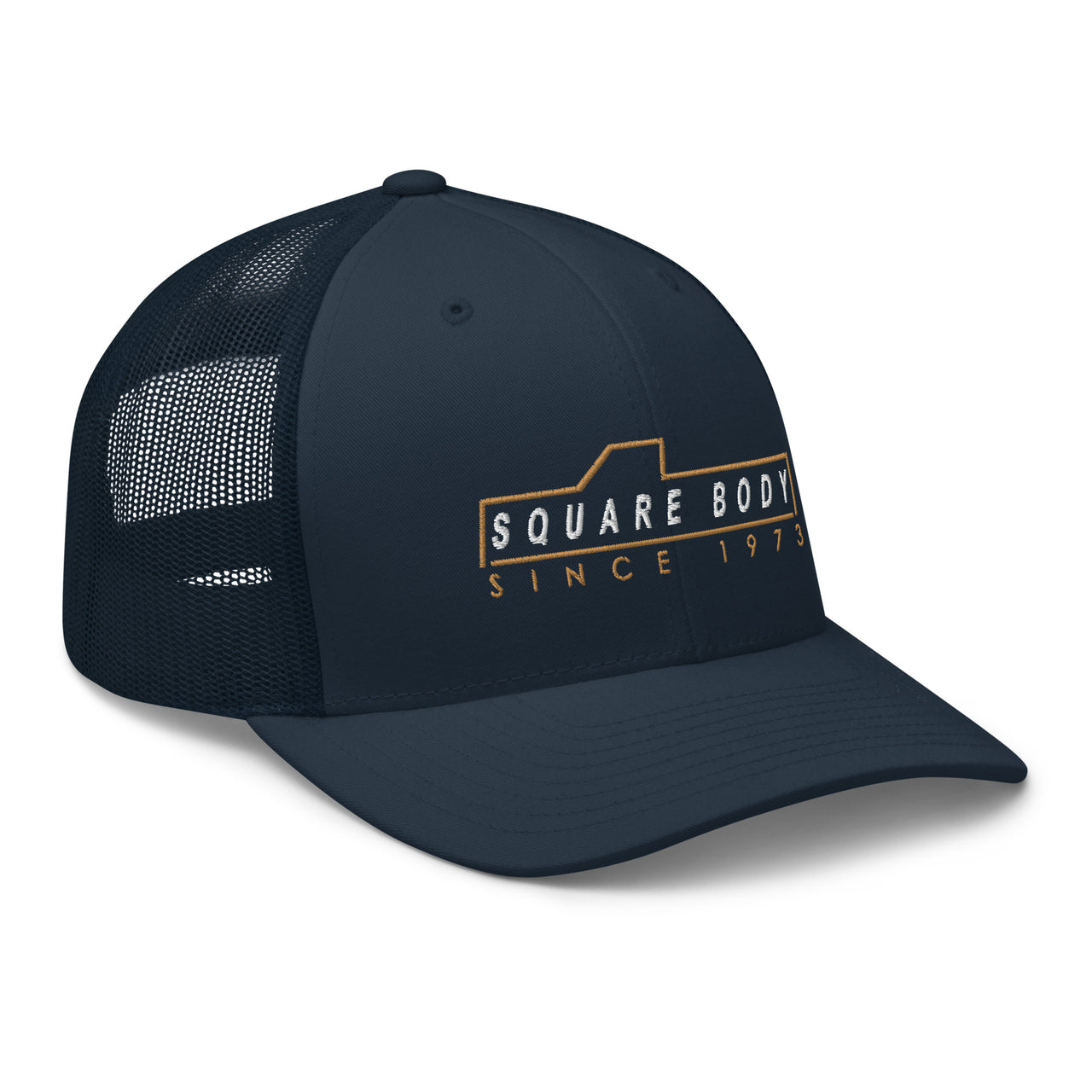3/4 view right of square body trucker hat in navy - Aggressive Thread Auto Apparel