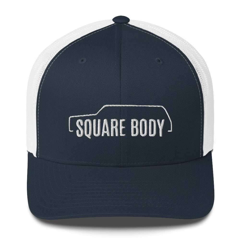 square body suburban trucker hat from aggressive thread in navy and white