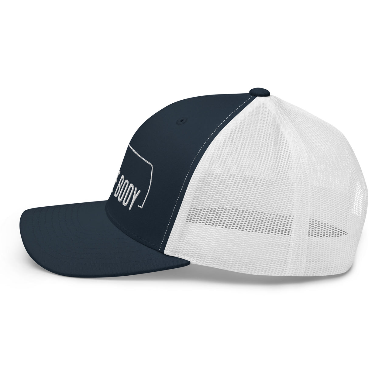 side view of a Square body K5 blazer trucker hat from aggressive thread in navy and white