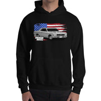 Thumbnail for man modeling 1966 Chevrolet Chevelle Hoodie in black1966 Chevelle Car Hoodie Sweatshirt With American Flag design - modeled in black