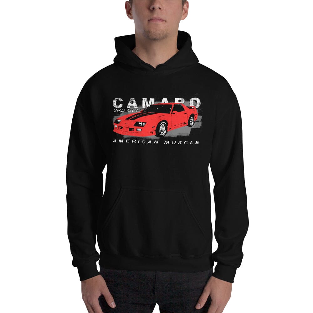 Man wearing a 3rd Gen Camaro Hoodie From Aggressive Thread Muscle Car Apparel