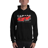 Thumbnail for Man wearing a 3rd Gen Camaro Hoodie From Aggressive Thread Muscle Car Apparel