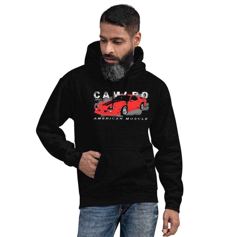 Man posing in a 3rd Gen Camaro Hoodie From Aggressive Thread Muscle Car Apparel