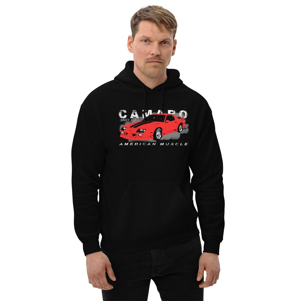 Man standing wearing a 3rd Gen Camaro Hoodie From Aggressive Thread Muscle Car Apparel